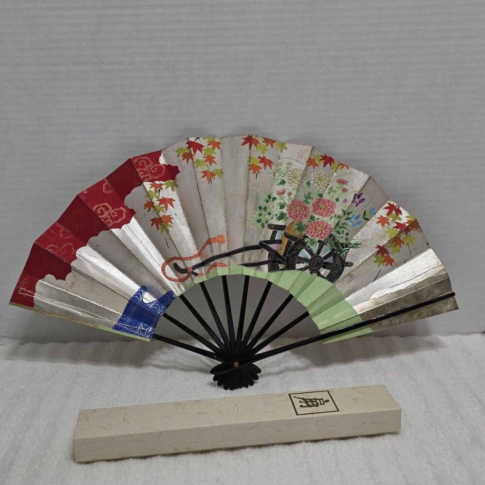 Vintage Oriental Folding Fan Floral Cart Design 19 1/2" Open